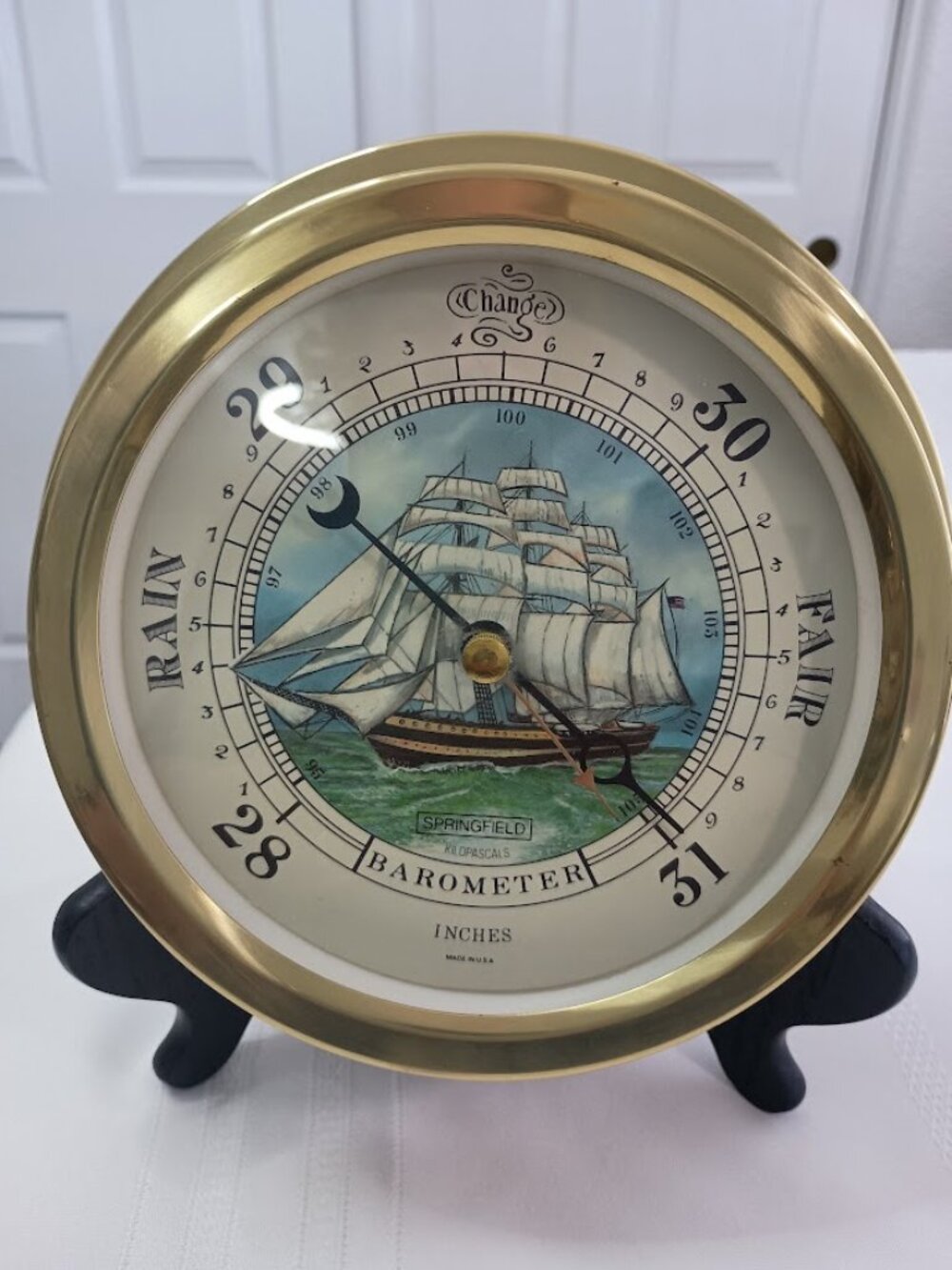 Springfield Brass Nautical Barometer with Ship Illustration